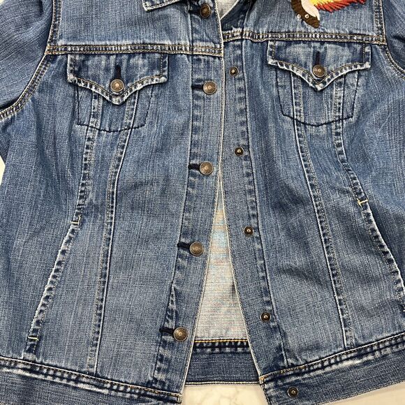 Tommy Hilfiger Womens Embroidered Y2K Jean Denim Jacket Distressed Sz L - Picture 10 of 14